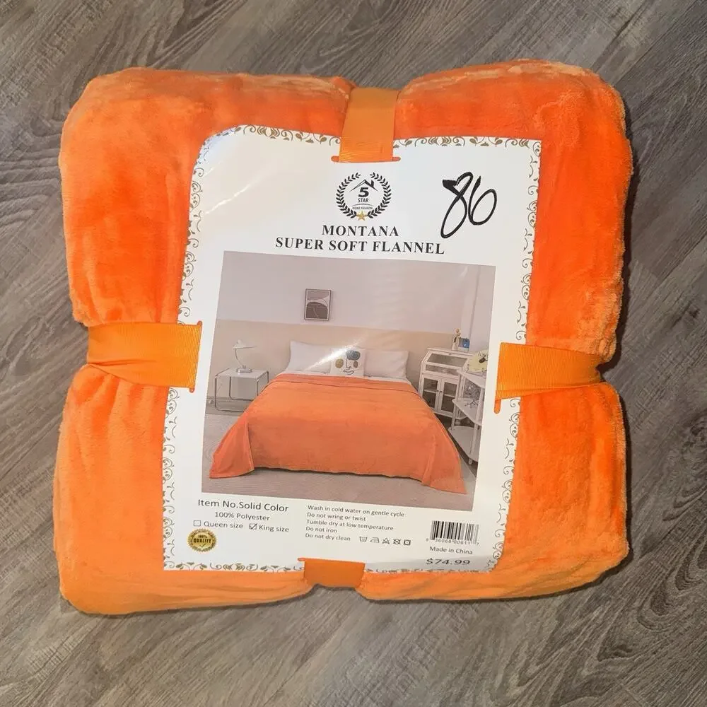 5 Star Montana Super Soft Flannel Blanket King Size Orange Plush Polyester New